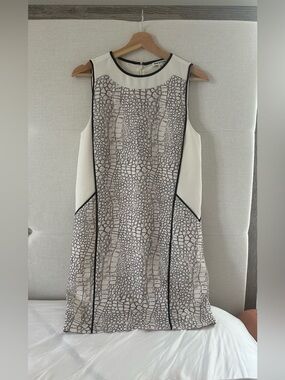 Whistles Cream Shift Dress with Black Trim and Gray Pattern
